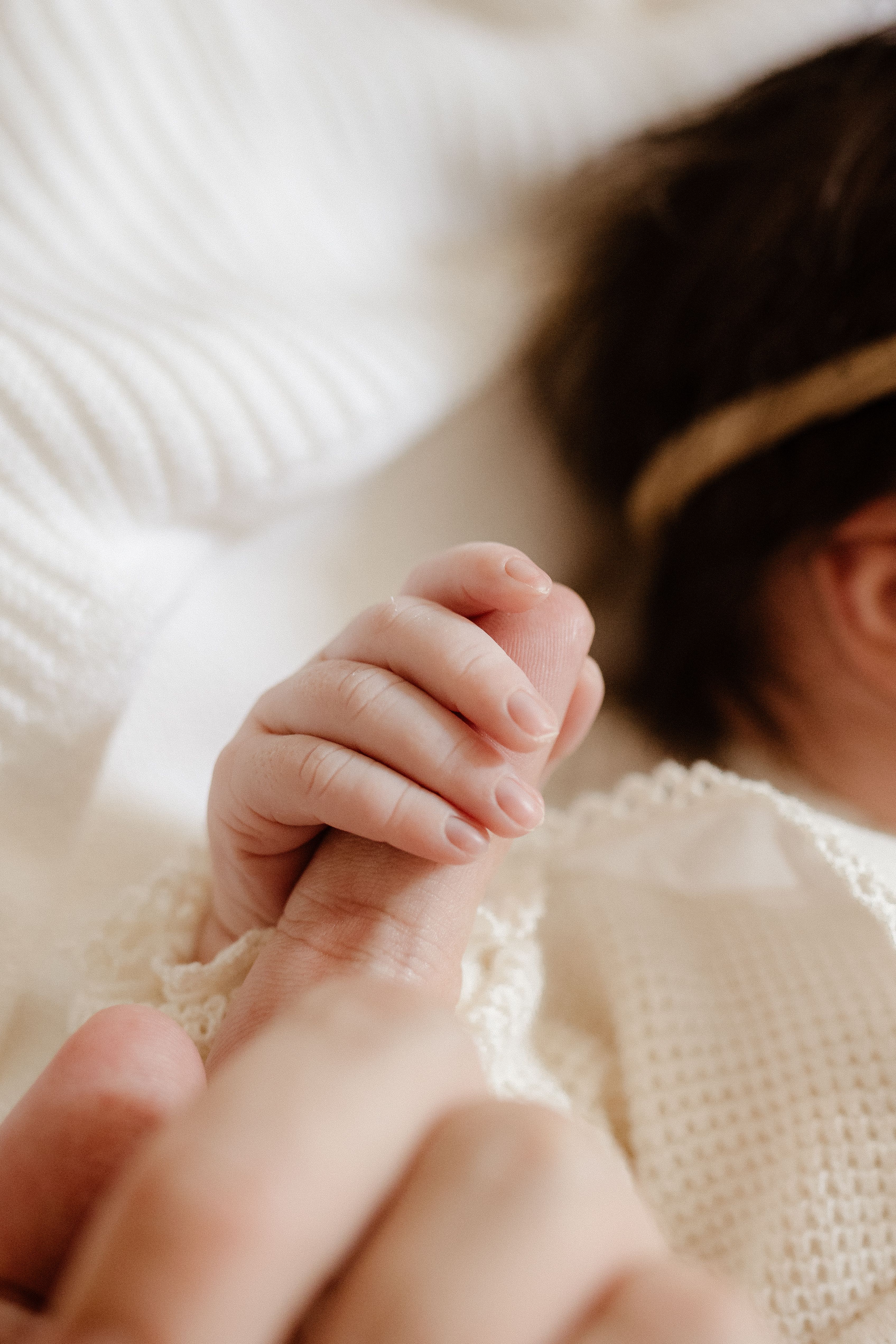 Newborn hand holding a parent's finger in soft light
